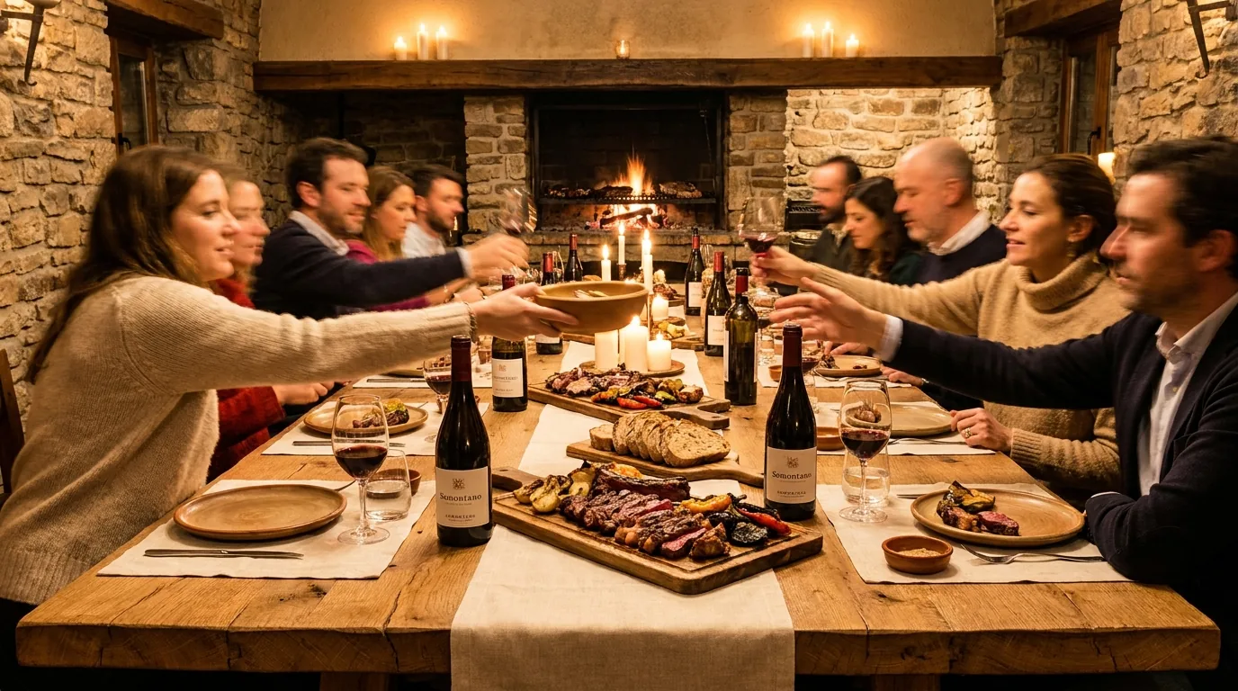 Una mesa larga de amigos compartiendo chuletón, verduras a la brasa y vino del Somontano a la luz de las velas