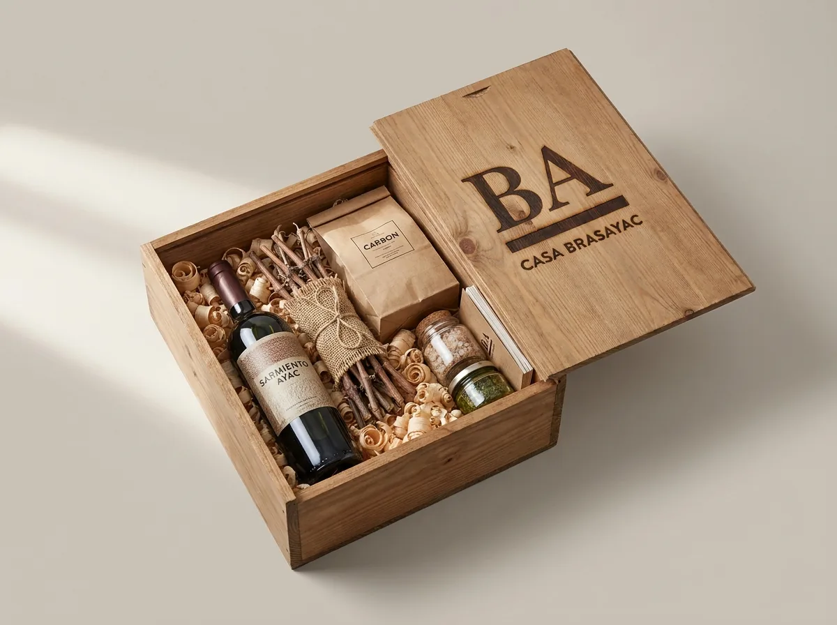 Caja de madera marcada a fuego con el hierro BA, con vino Sarmiento Ayac, sarmiento, carbón, sal ahumada y salsa de la brasa